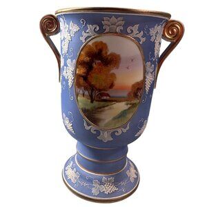 Nippon Wreath Vase Landscape Vintage Porcelain Hand Painted Gold Gilded Accents